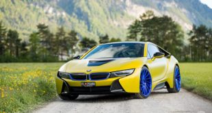 Matte Yellow BMW i8 with Blue wheels